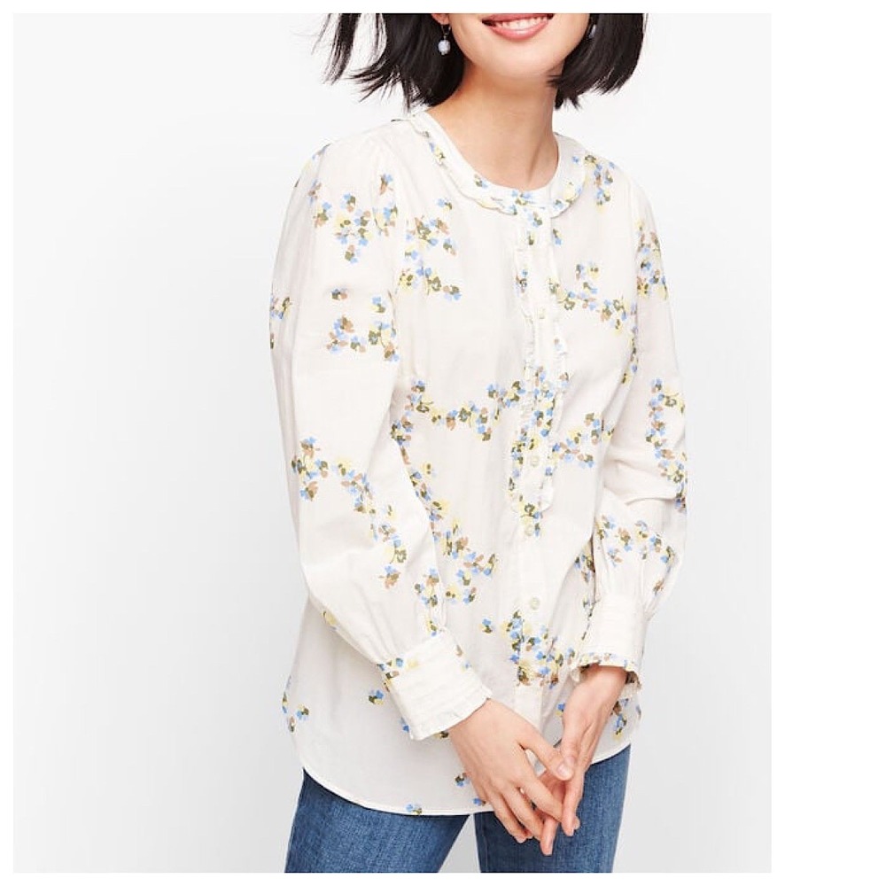 Talbots Ruffle Trim Shirt Women XL White Floral Button Up Long Sleeve